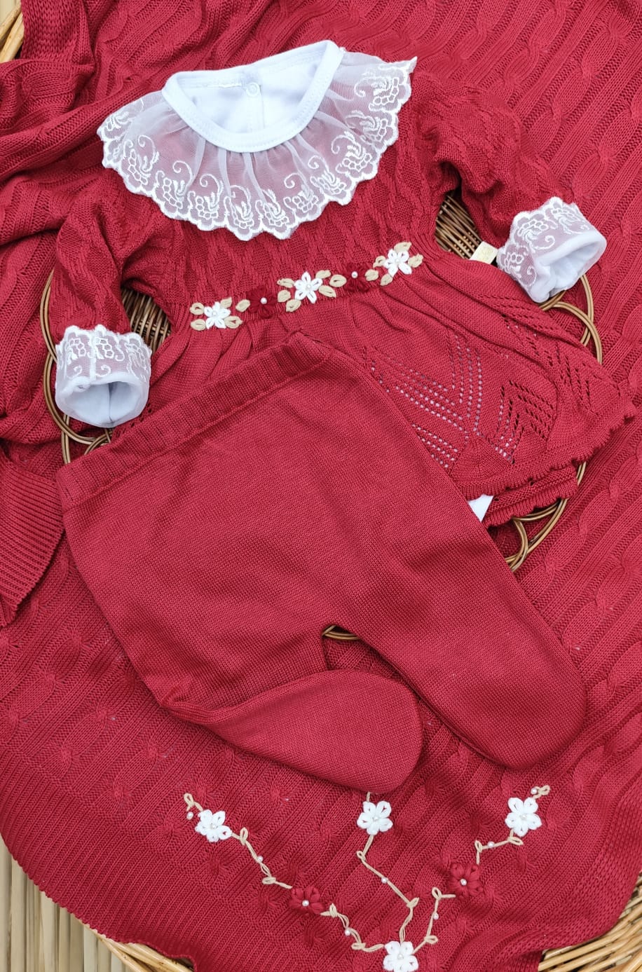 Saída Maternidade em Tricô Menina Linha Premium com Bordado Floral